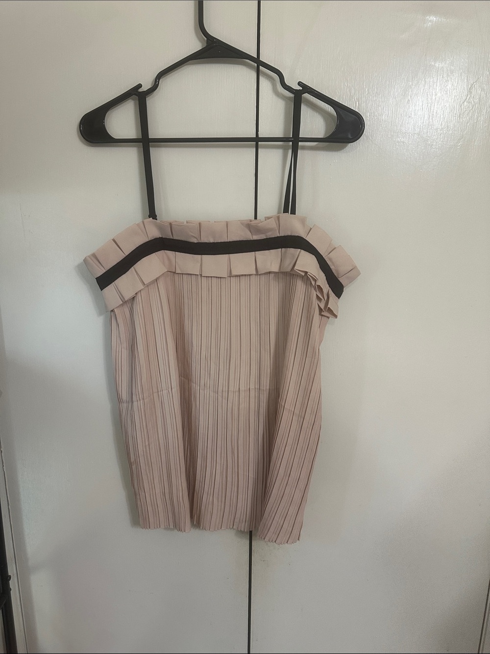 C. Luce Blush Pleated Ruffle-Off Shoulder Camisole with Black Straps